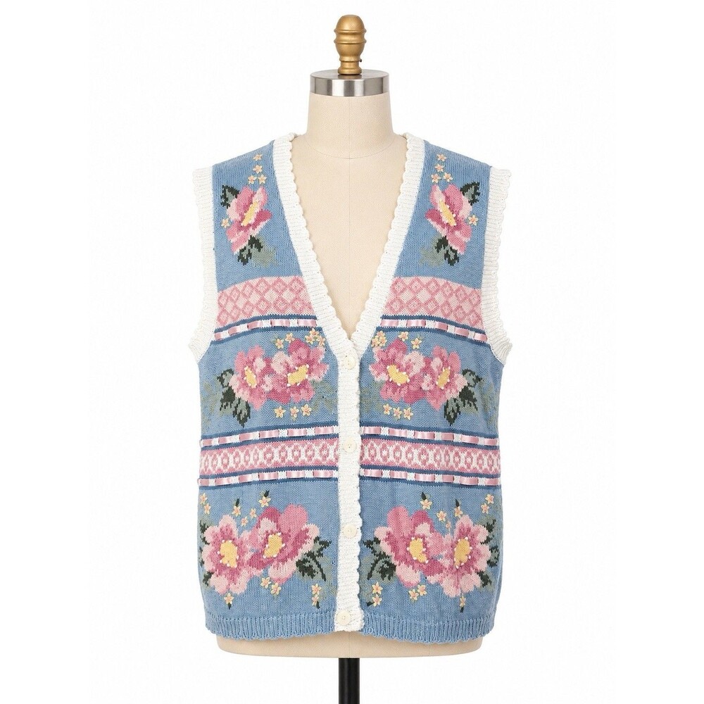 Jantzen Womens Sweater Vest Plus Size 1X Sleevless Raime Cotton Floral Blue Pink
